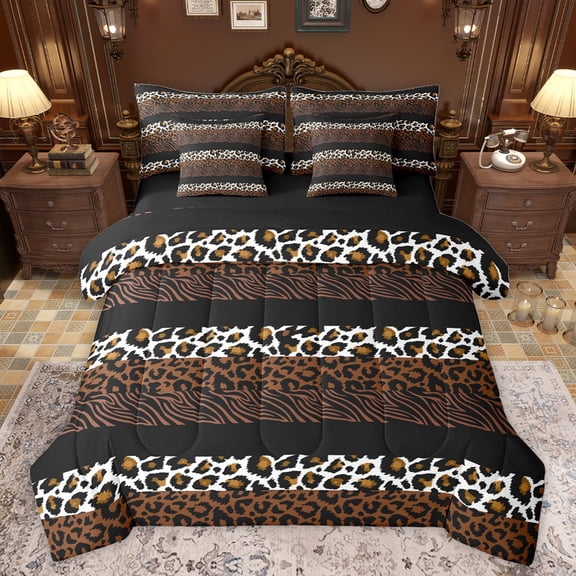 jejeloiu Chic Zebra Print 7pcs Bedding Comforter Set,Leopard Cheetah Stripe Queen Bedding Sets,Brown Black Lines Queen Sheet Sets For Teens,Super Cozy Room Decor Reversible