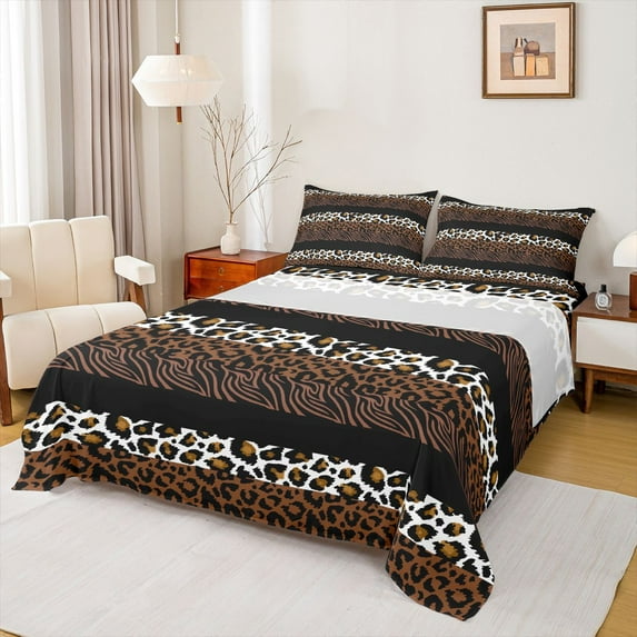 jejeloiu Chic Zebra Print Full Size Sheets,Leopard Cheetah Stripe Bed Sheets,Brown Black Lines Sheet Sets For Teens,Super Cozy Room Decor,4 Pieces