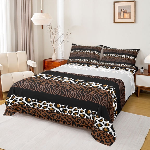 jejeloiu Chic Zebra Print Full Size Sheets,Leopard Cheetah Stripe Bed Sheets,Brown Black Lines Sheet Sets For Teens,Super Cozy Room Decor,4 Pieces