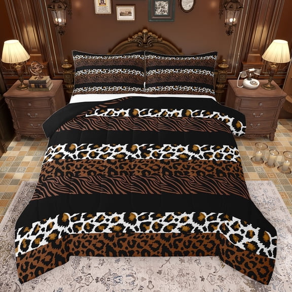 jejeloiu Chic Zebra Print Queen Comforter Set,Leopard Cheetah Stripe Bedding Sets,Brown Black Lines Bedding Comforter Set For Teens,Super Cozy Room Decor Reversible,3pcs