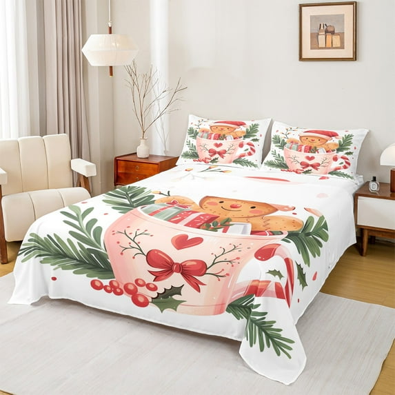 jejeloiu Child Christmas Gifts Cartoon Bear Biscuit Red Xmas Bowtie Twin Sheet Set,Breathable Children Bedding,3-Piece