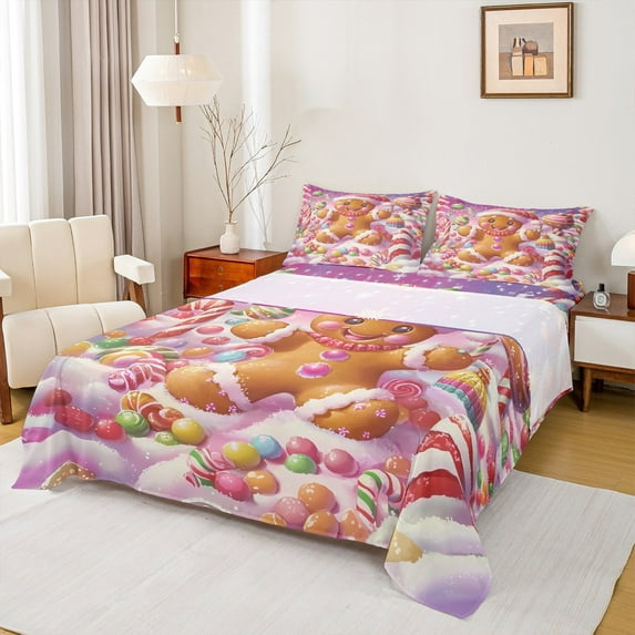 jejeloiu Christmaas Gingerbread Man Bed Sheets,Colorful Xmas Cabdy King Sheets,Cartoon Dessert Sheet Set For Girls Teens,Luxury Bedroom Decor,4-Piece