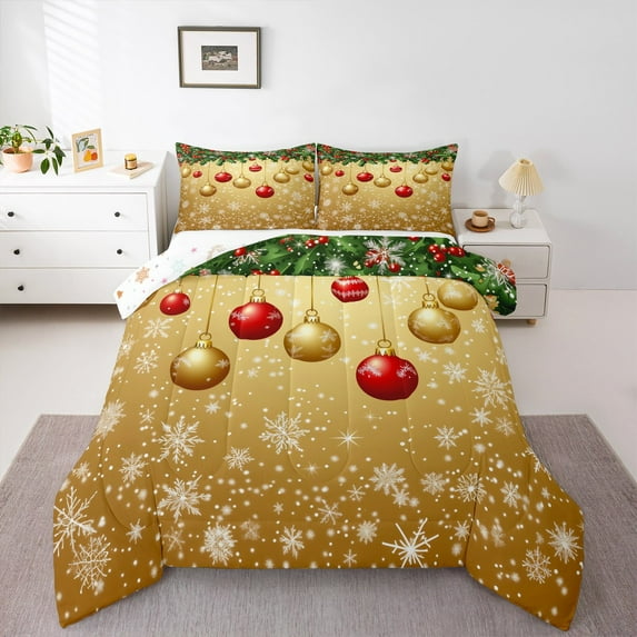 jejeloiu Christmas Ball Queen Comforter Set,Merry Xmas Holiday Bedding Sets,Gold Red Green Bedding Comforter Set For Children,Breathable Home Decor Reversible,3-Piece