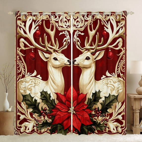 jejeloiu Christmas Deer Black Out Curtains,Vintage Flower Floral Curtains Pack of 2 (42x63 Each),Red Gold Xmas Bedroom Curtains,Microfiber Bedroom Decor