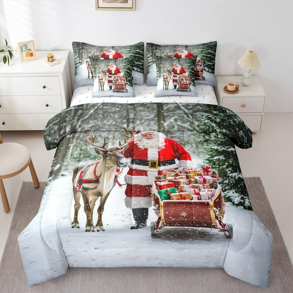 jejeloiu Christmas Father Christmas Bedding Comforter Set 7-Piece,Xmas Reindeer Gifts King Bedding Sets,Western Santa Claus Bed Sheets For Children,Microfiber Bedroom Decor Reversible