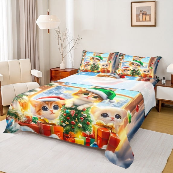 jejeloiu Christmas Festival Full Size Sheets,Cute Pet Cat Bed Sheets,Merry Xmas Tree Sheet Sets For Child,Microfiber Bedroom Decor,4 Pieces