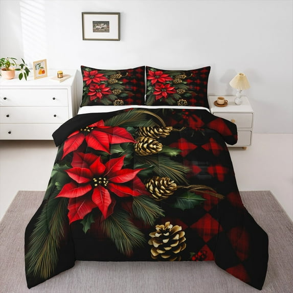 jejeloiu Christmas Flower Floral Queen Comforter Set,Red Geometric Plaid Bedding Sets,Rustic Farmhouse Cabin Bedding Comforter Set For Men Women,Breathable Home Decor Reversible,3pcs