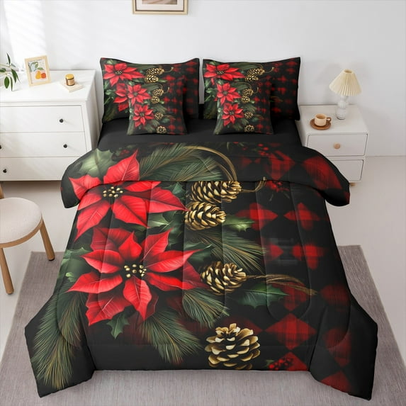 jejeloiu Christmas Flower Floral Twin Bedding Sets 7-Piece,Red Geometric Plaid Bedding Comforter Set,Rustic Farmhouse Cabin Sheet Sets For Men Women,Breathable Home Decor Reversible