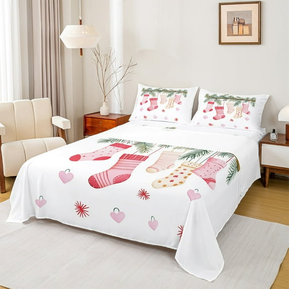 jejeloiu Christmas Gift Socks Pink Heart Print Happy New Year Queen Sheet Set,Ultra Soft Girl Kids Bedding,4-Piece