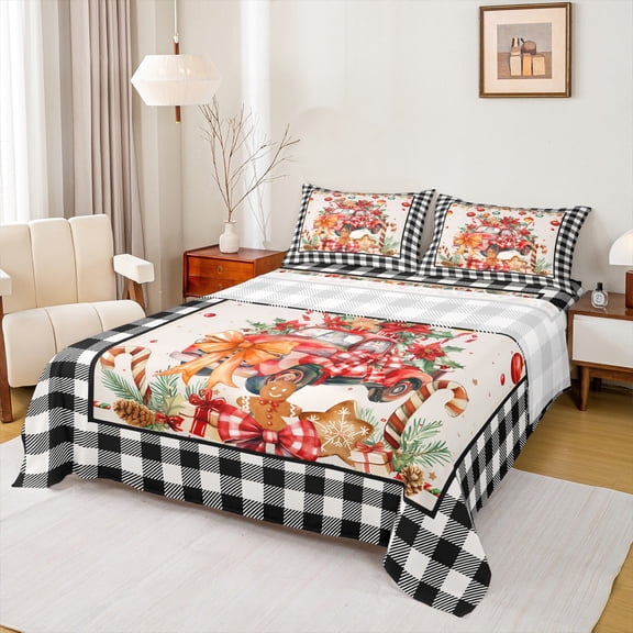 jejeloiu Christmas Gift Truck Bed Sheets,Xmas Candy King Sheets,Geometric Plaid Sheet Set For Girl Kids,Ultra Soft Bedroom Decoration,4-Piece