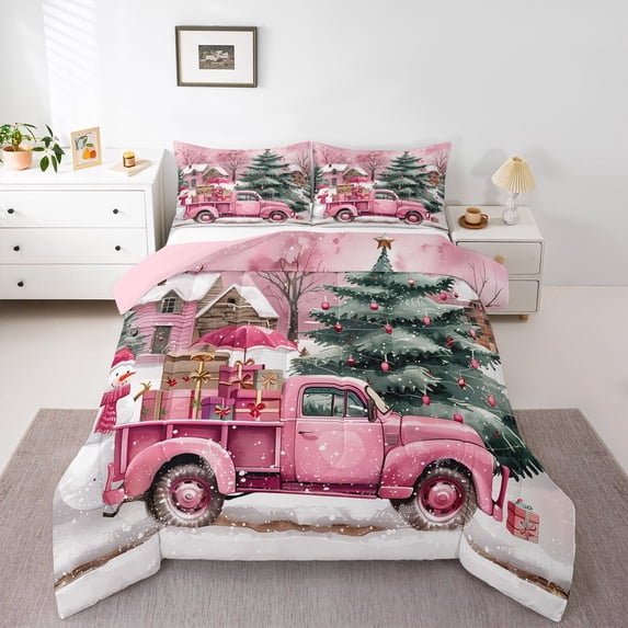 jejeloiu Christmas Gift Truck Queen Comforter Set,Xmas Tree Bedding Sets,Happy New Year Bedding Comforter Set For Girl Kids,Ultra Soft Bedroom Decoration Reversible,3 Pieces