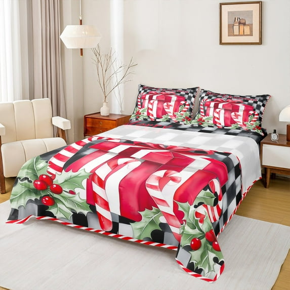 jejeloiu Christmas Gifts Xmas Berry Black Red Green Queen Sheet Set,Microfiber Boy Kids Bedding,4 Pieces