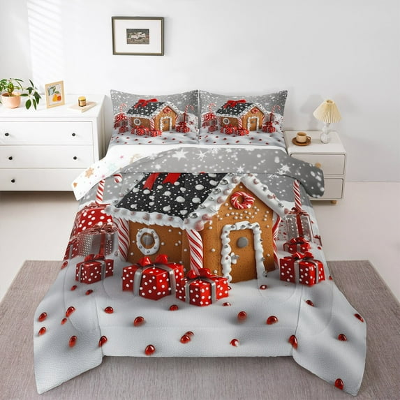 jejeloiu Christmas House Queen Comforter Set,Winter Snowflake Gifts Bedding Sets,Rustic Farmhouse Snow Bedding Comforter Set For Teens,Luxury Bedroom Decor Reversible,3-Piece