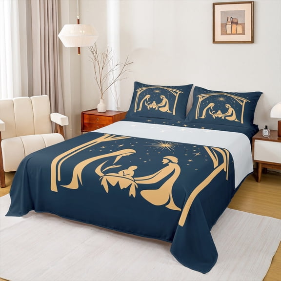 jejeloiu Christmas Manger Xmas Galaxy Starry Sky Twin Sheet Set,Microfiber Teens Bedding,3pcs