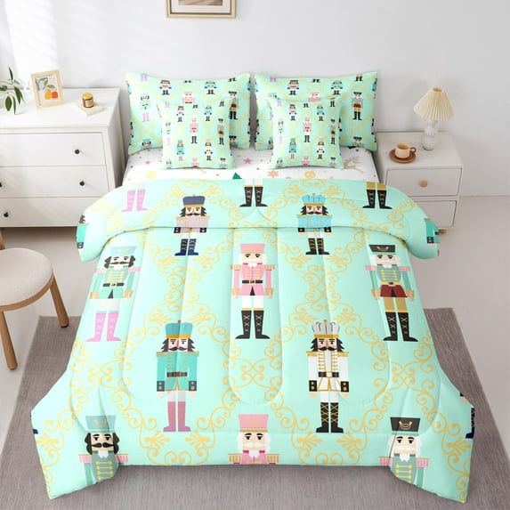 jejeloiu Christmas Nutcracker Soldier Bedding Comforter Set 7pcs,Western Festival Queen Bedding Sets,Green Gold Pink Queen Sheet Sets For Girls,,Microfiber Bedroom Decor Reversible