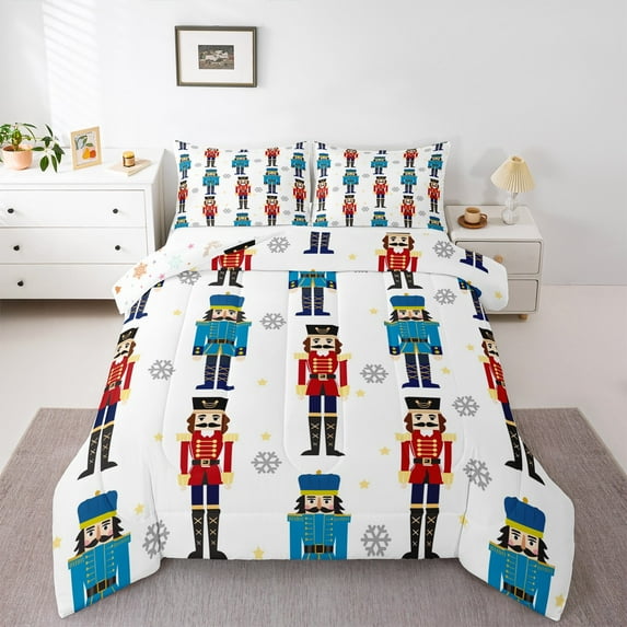 jejeloiu Christmas Nutcracker Soldier Bedding Comforter Set,White Red Blue Twin Comforter Sets,Happy New Year Bedding Set For Girls,,Microfiber Bedroom Decor Reversible,2-Piece