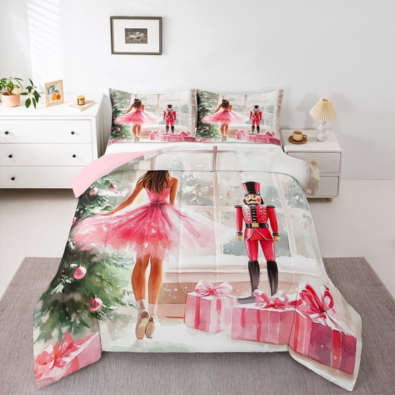 jejeloiu Christmas Nutcraker Soldier Full Size Comforter Sets,Pink Ballet Girl Bedding Comforter Set,Girl Xmas Gifts Bedding Sets For Kids,Ultra Soft Home Decor Reversible,3-Piece