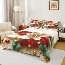 jejeloiu Christmas Red Floral Twin Sheet Sets,Happy New Year Twin Fitted Sheet,Xmas Theme Flat Sheet For Teens,Breathable Home Decor,3pcs