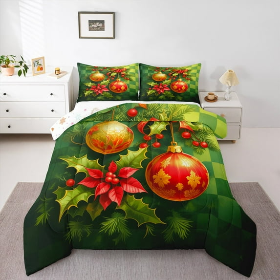 jejeloiu Christmas Red Leaves Bedding Comforter Set,Christmas Lantern Twin Comforter Sets,Happy New Year Bedding Set For Men Women,Lightweight Room Decor Reversible,2-Piece