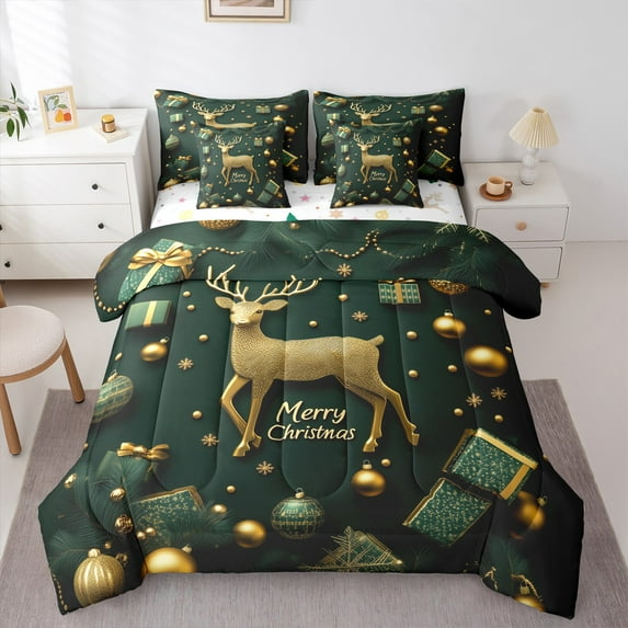 jejeloiu Christmas Reindeer Bedding Comforter Set 7 Pieces,Marry Christmas Theme Full Bedding Set,Green Xmas Gifts Fitted Sheet Flat Sheet For Child,Microfiber Bedroom Decor Reversible