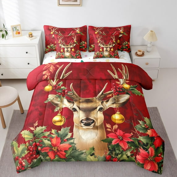 jejeloiu Christmas Reindeer Bedding Comforter Set 7 Pieces,Merry Xmas Full Bedding Set,Tropical Plant Leaves Fitted Sheet Flat Sheet For Teens,Breathable Home Decor Reversible