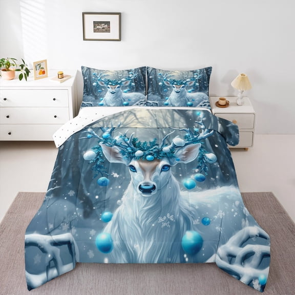 jejeloiu Christmas Reindeer Bedding Comforter Set,Dreamy Fairy Tale Twin Comforter Sets,Merry Xmas Bedding Set,Lightweight Room Decor Reversible,2-Piece