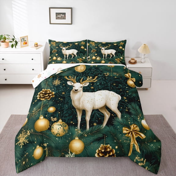 jejeloiu Christmas Reindeer Bedding Comforter Set,Xmas Pine Tree Twin Comforter Sets,Gold Bells Bow Bedding Set For Child,Microfiber Bedroom Decor Reversible,2 Pieces