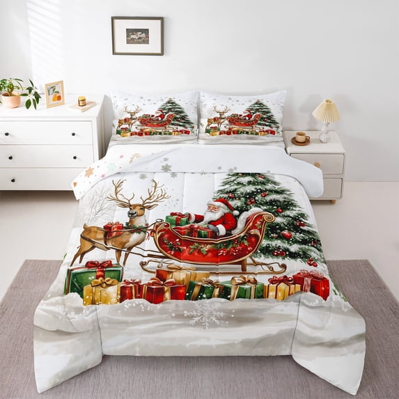 jejeloiu Christmas Reindeer Full Size Comforter Sets,Cute Santa Claus Bedding Comforter Set,Chic Xmas Gifts Bedding Sets For Child,Ultra Soft Home Decor Reversible,3-Piece