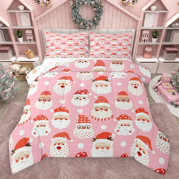 jejeloiu Christmas Santa Claus Bedding Comforter Set,Happy New Year Twin Comforter Sets,Pink Red White Bedding Set For Children,Breathable Home Decor Reversible,2-Piece