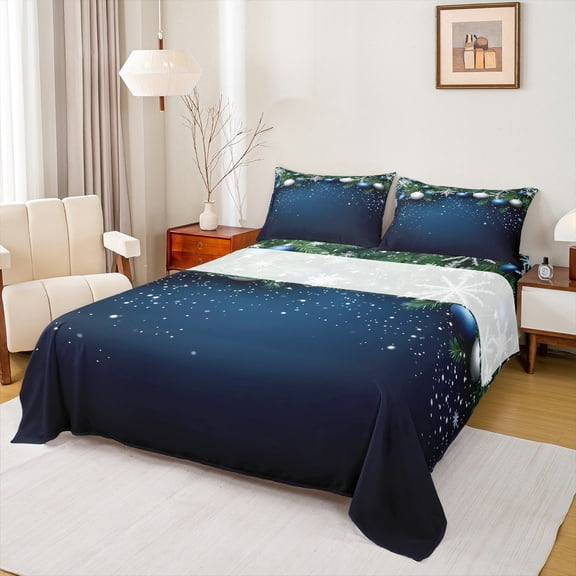 jejeloiu Christmas Snowflake Full Size Sheets,Xmas Tree Bed Sheets,Glitter Print Sheet Sets,Lightweight Room Decor,4-Piece
