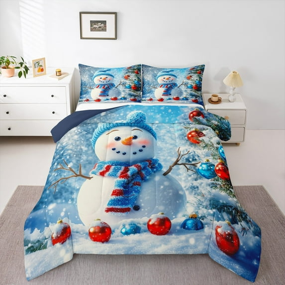 jejeloiu Christmas Snowman Bedding Comforter Set,Merry Xmas Twin Comforter Sets,Red Blue White Bedding Set For Girl Boys,Super Cozy Room Decor Reversible,2pcs