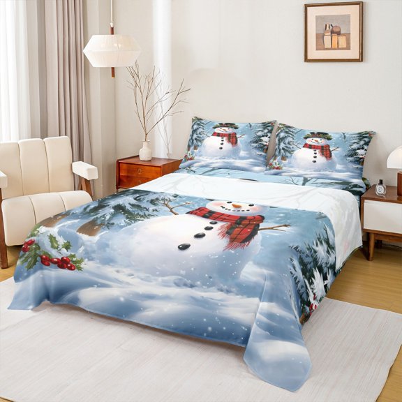 jejeloiu Christmas Snowmen Snow Bed Sheets,Cartoon Xmas Tree King Sheets,Wild Red Berry Sheet Set For Children,Microfiber Bedroom Decor,4 Pieces