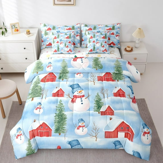 jejeloiu Christmas Snowmen Twin Bedding Sets 7-Piece,Western Xmas Cabin Bedding Comforter Set,Happy New Year Sheet Sets For Children,Lightweight Room Decor Reversible