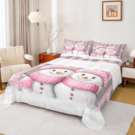 jejeloiu Christmas Snowmen Twin Sheet Sets,Geometric Stripes Lines Twin Fitted Sheet,Pink White Gray Flat Sheet For Girls Boys,Reathable Home Decor,3-Piece