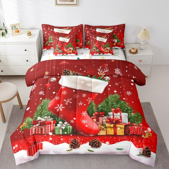 jejeloiu Christmas Stocking 7-Piece Bedding Comforter Set,Xmas Gifts King Bedding Sets,Happy New Year Bed Sheets For Kids,Microfiber Bedroom Decor Reversible