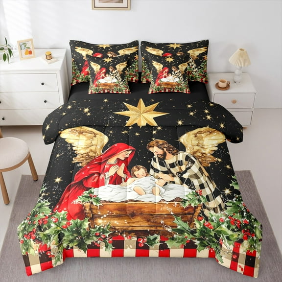 jejeloiu Christmas Theme Bedding Comforter Set 7-Piece,Galaxy Starry Night King Bedding Sets,Red Geometric Grid Bed Sheets For Child,Microfiber Bedroom Decor Reversible