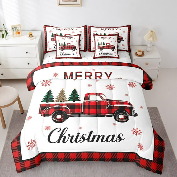 jejeloiu Christmas Theme Bedding Comforter Set 7pcs,Chic Red Truck Queen Bedding Sets,Red Black Geometric Plaid Queen Sheet Sets For Child,Microfiber Bedroom Decor
