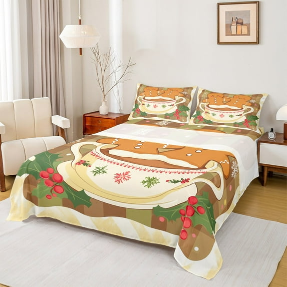 jejeloiu Christmas Theme Dessert Full Size Sheets,Cute Cake Coffe Bed Sheets,Sweet Bear Biscuit Sheet Sets For Girls Biys,Luxury Bedroom Decor,4 Pieces