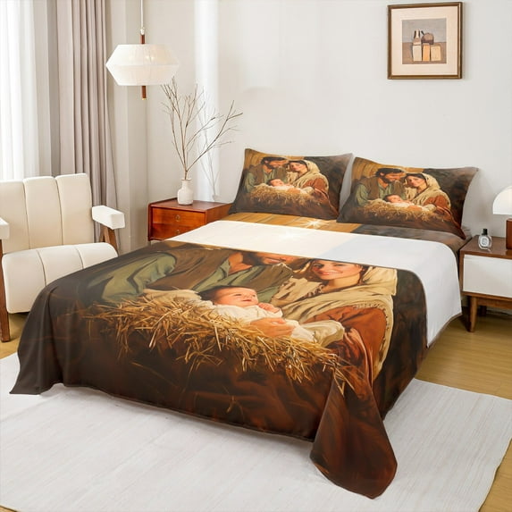 jejeloiu Christmas Theme Queen Sheet Set,Birth Of Jesus,Vintage Religion,4-Piece Super Cozy