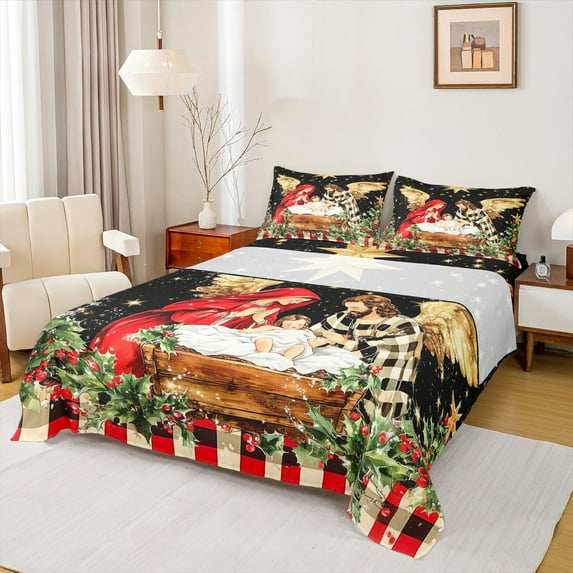 jejeloiu Christmas Theme Twin Sheet Sets,Galaxy Starry Night Twin Fitted Sheet,Red Geometric Grid Flat Sheet For Child,Microfiber Bedroom Decor,3pcs