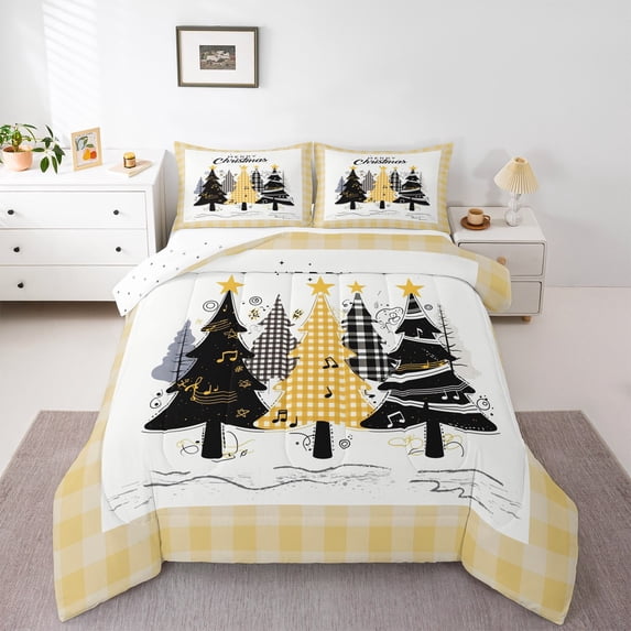 jejeloiu Christmas Tree Bedding Comforter Set,Marry Xmas Twin Comforter Sets,Yellow Geometric Plaid Bedding Set For Girl Boy,Ultra Soft Room Decoration Reversible,2 Pieces
