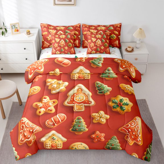 jejeloiu Christmas Tree Cookie Bedding Comforter Set 7pcs,Sweet Dessert Theme Queen Bedding Sets,Happy New Yearves Queen Sheet Sets For Teens,Microfiber Bedroom Decor Reversible