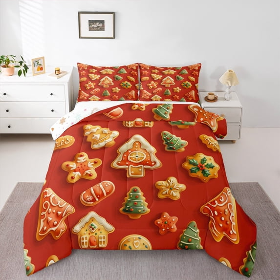 jejeloiu Christmas Tree Cookie Bedding Comforter Set,Sweet Dessert Theme Twin Comforter Sets,Happy New Yearves Bedding Set For Teens,Microfiber Bedroom Decor Reversible,2pcs