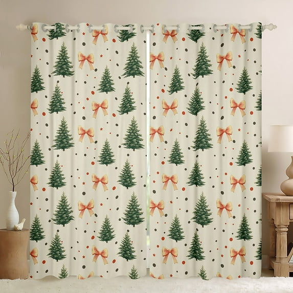 jejeloiu Christmas Tree Curtains Pack of 2 (42x84 Each),Cute Bow Knot Curtains Blackout,Green Orange Beige Bedroom Curtains For Children,Super Cozy Room Decor