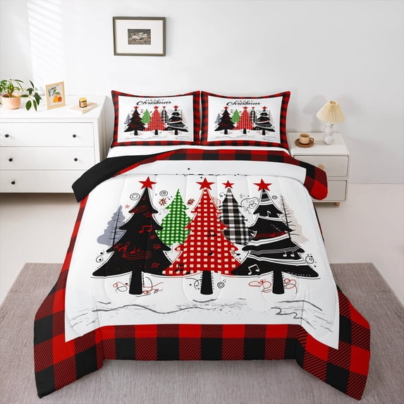 jejeloiu Christmas Tree Full Size Comforter Sets,Marry Xmas Bedding Comforter Set,Red Geometric Plaid Bedding Sets For Girl Boy,Ultra Soft Room Decoration Reversible,3pcs