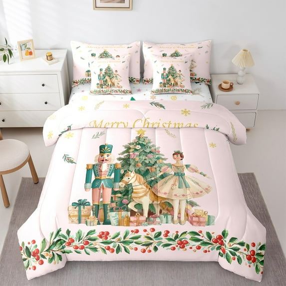 jejeloiu Christmas Tree Gifts Twin Bedding Sets 7-Piece,Xmas Theme Bedding Comforter Set,Fairy Tale Princess Sheet Sets For Child,Breathable Home Decor Reversible