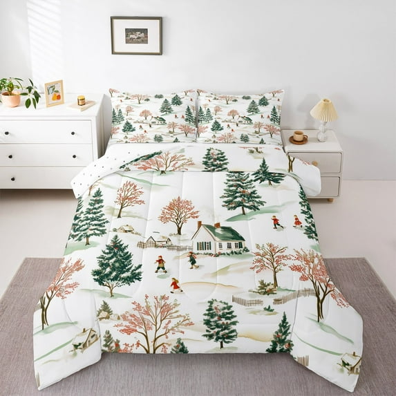 jejeloiu Christmas Tree Pine Bedding Comforter Set,Xmas Festival Twin Comforter Sets,White Snow Scenery Bedding Set For Child,Microfiber Bedroom Decor Reversible,2 Pieces