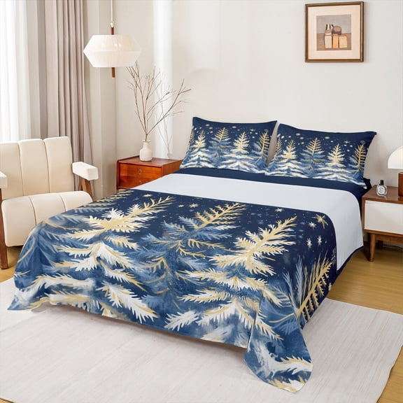 jejeloiu Christmas Tree Oil Painting Beige Blue Ombre Queen Sheet Set,Microfiber Teens Bedding,4pcs