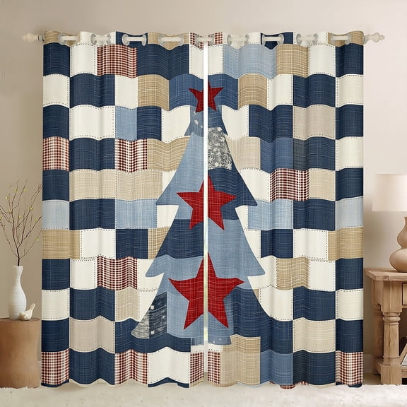 jejeloiu Christmas Tree Silhouette Blackout Curtains Set of 2 (52x84 Each),Patchwork Geometric Plaid Window Curtains,Vintage Red Stars Curtains and Drapes For Boys Kids,Super Cozy Room Decor