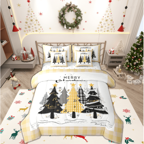 jejeloiu Christmas Tree Twin Bedding Sets 7-Piece,Marry Xmas Bedding Comforter Set,Yellow Geometric Plaid Sheet Sets For Girl Boy,Ultra Soft Room Decoration Reversible
